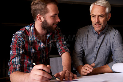 Buy stock photo Architect, team and men with blueprint, drawing or planning construction project with father teaching son. Engineer, apprentice and senior mentor with design, pencil or measure with ruler at workshop