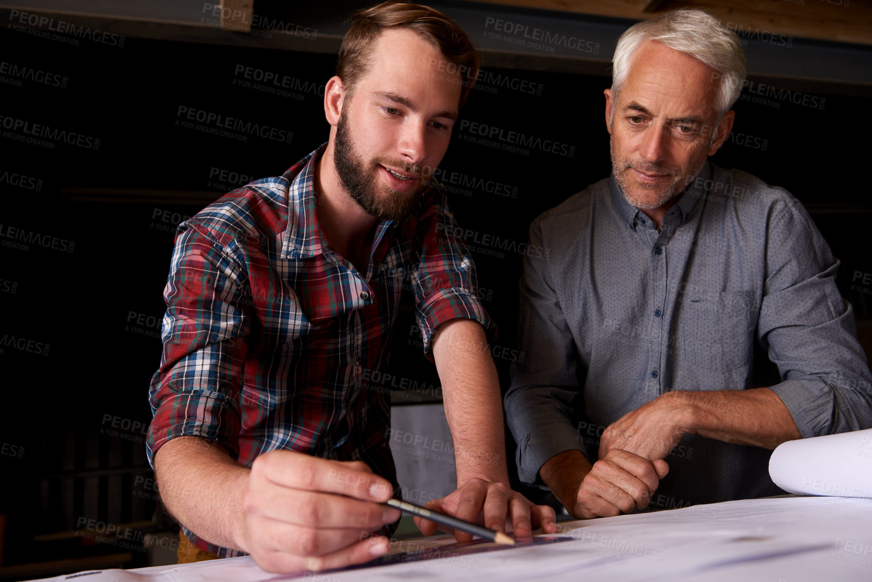 Buy stock photo Architects, discussion and men with blueprint in office for building, construction or repairs. Engineering, design and industrial apprentice planning and working on industry project with mentor.
