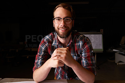 Buy stock photo Portrait, man and architect with smile in workshop with confidence, career and construction industry. Male person, contractor and entrepreneur of startup, small business and paperwork on desk