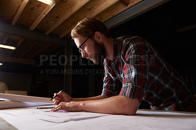 Buy stock photo Man, architect drawing blueprint and engineering for construction, renovation project and design for building. Floor plan, sketch and property development with architecture and creativity in workshop