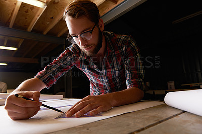 Buy stock photo Man, architect sketch blueprint and engineering for construction, renovation project and drawing tools. Floor plan, design and property development with architecture and creativity in workshop