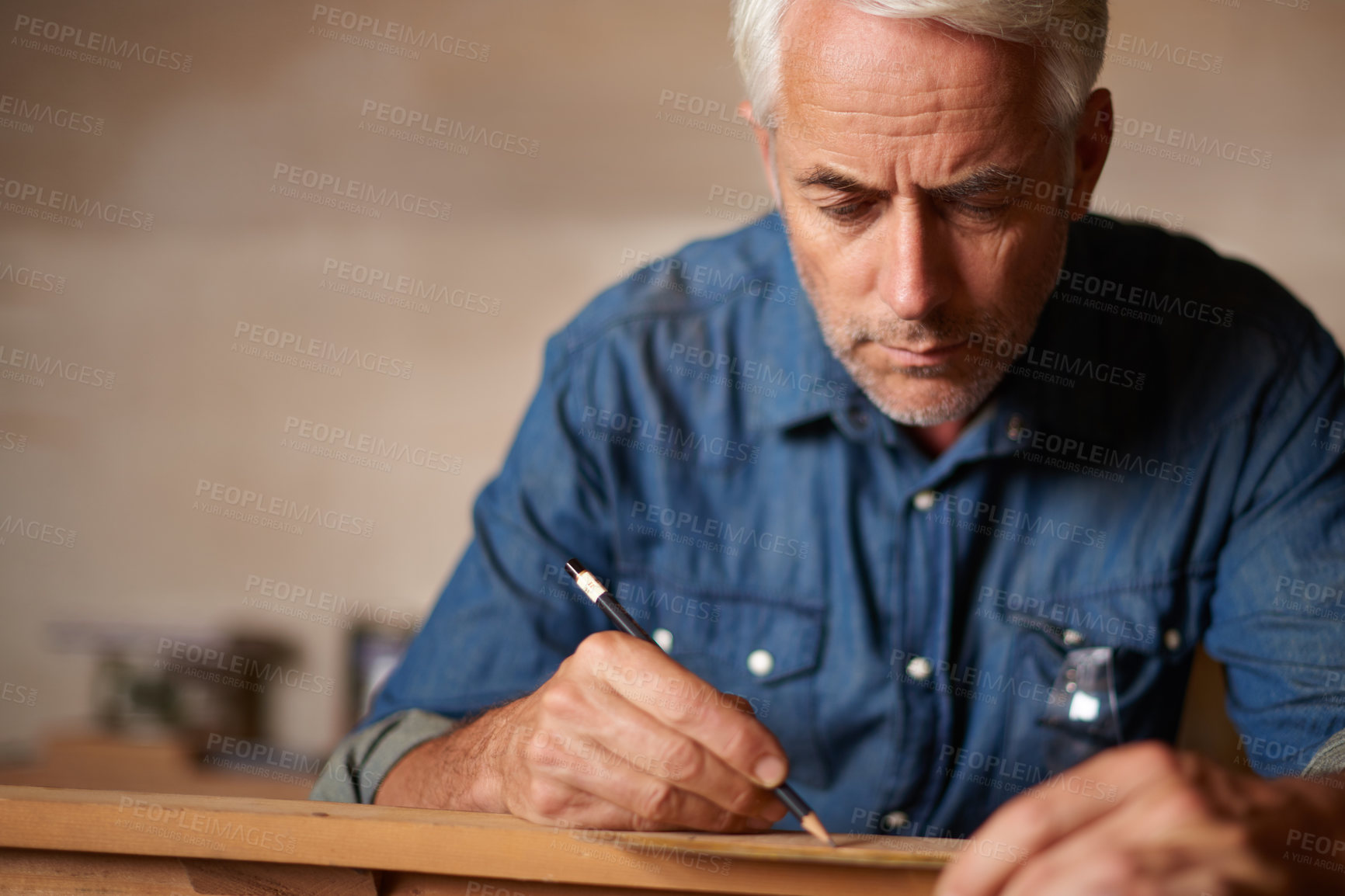 Buy stock photo Mature man, pencil or wood for carpentry, diy and creativity in artistic, design and project. Carpenter, designer or creative tool for person to draw, mark or sketch for technical, repair and hobby