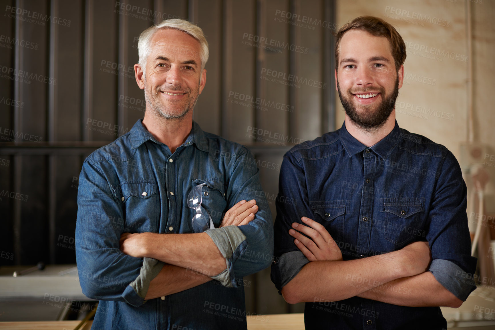 Buy stock photo Teamwork, happy portrait and arms crossed of architecture team with a smile from startup. Entrepreneur, partnership and architect workers together with pride and success from small business 