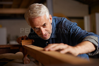 Buy stock photo Carpenter, mature man and wood for manufacturing in workshop, industry and company of construction. Entrepreneur, male person and professional in garage or shop for startup and small business