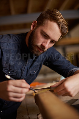 Buy stock photo Woodwork, measurement and carpenter with pencil, wood restoration and furniture manufacturing workshop. Focus, small business and expert carpentry trade, man working on sustainable project design.