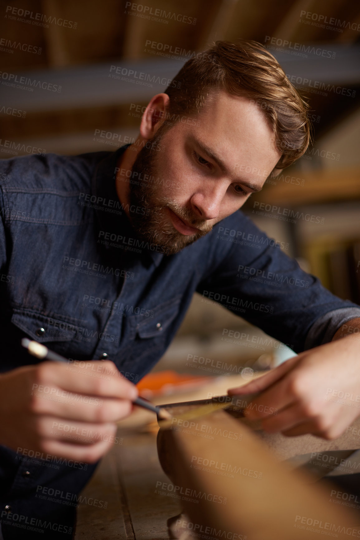 Buy stock photo Woodwork, measurement and carpenter with pencil, wood restoration and furniture manufacturing workshop. Focus, small business and expert carpentry trade, man working on sustainable project design.