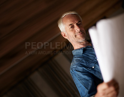 Buy stock photo Thinking, blueprint and man with engineering, architect with construction and problem solving. Person, employee or planning for project with decision or solution with document or property development