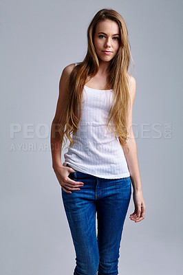 Buy stock photo Studio portrait of a casually dressed young woman