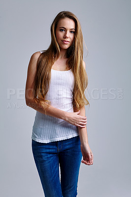 Buy stock photo Studio portrait of a casually dressed young woman