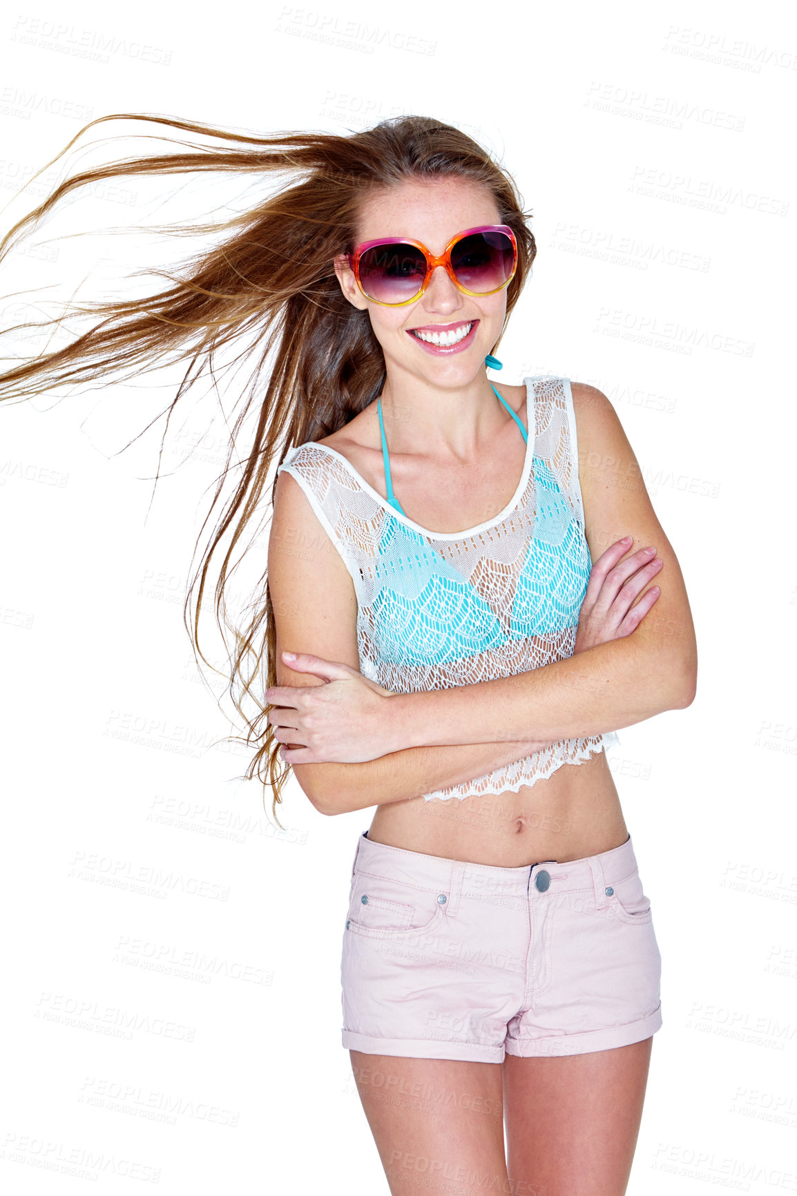 Buy stock photo Studio shot of a young woman dressed for summer isolated on white