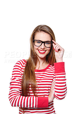 Buy stock photo Studio portrait of an attractive young woman in glasses isolated on white