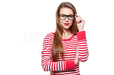 Buy stock photo Studio portrait of an attractive young woman in glasses isolated on white