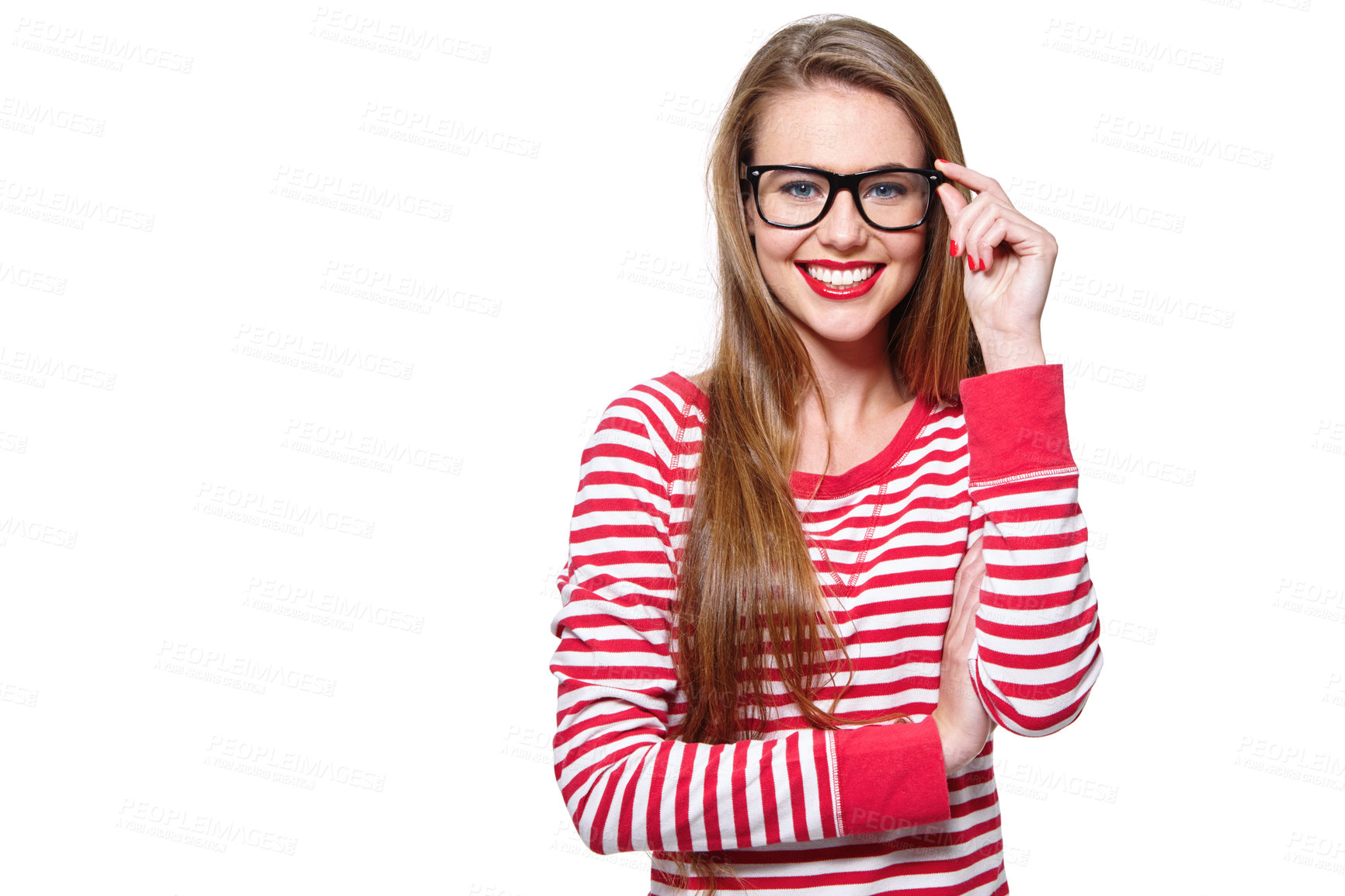 Buy stock photo Portrait, happy woman and glasses in studio for optometry, eyesight or myopia with mockup space. Person, smile and prescription eyewear for health, eye care or vision improvement on white background.