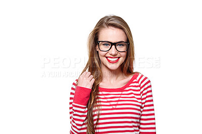 Buy stock photo Studio portrait of an attractive young woman in glasses isolated on white