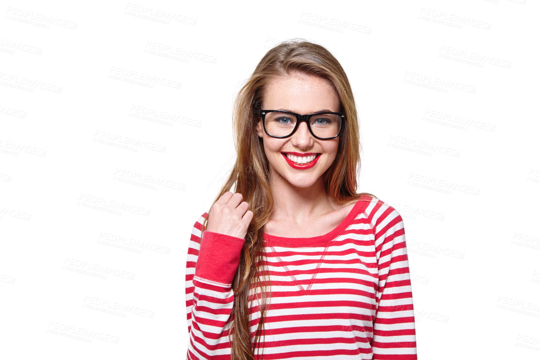 Buy stock photo Studio portrait of an attractive young woman in glasses isolated on white