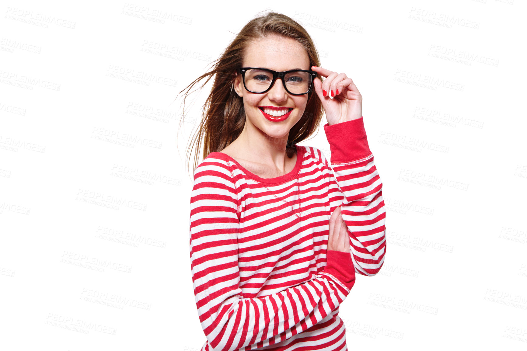 Buy stock photo Studio portrait of an attractive young woman in glasses isolated on white