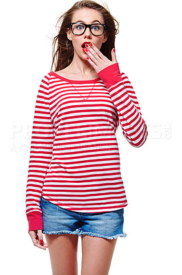Buy stock photo Studio portrait of an attractive young woman in glasses gasping isolated on white