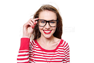 Buy stock photo Studio portrait of an attractive young woman in glasses isolated on white