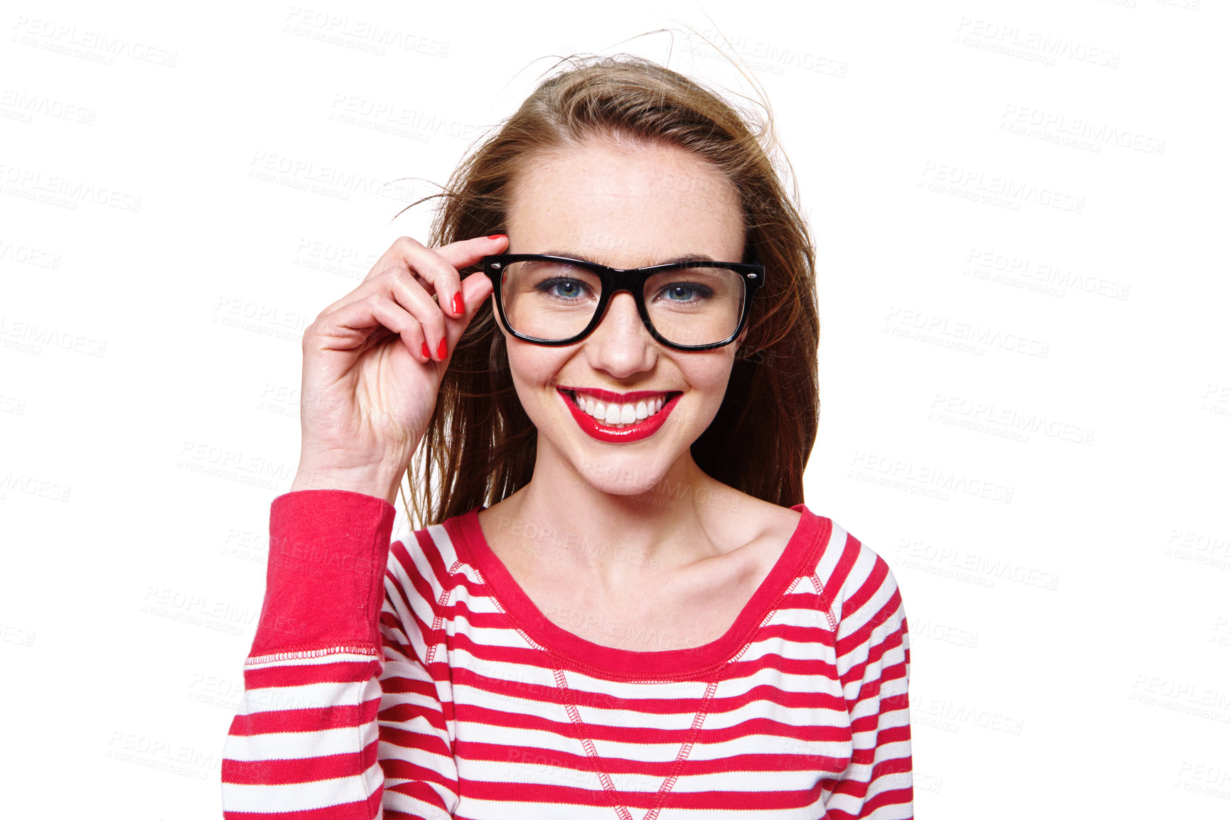 Buy stock photo Studio portrait of an attractive young woman in glasses isolated on white