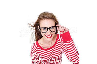 Buy stock photo Studio portrait of an attractive young woman in glasses isolated on white