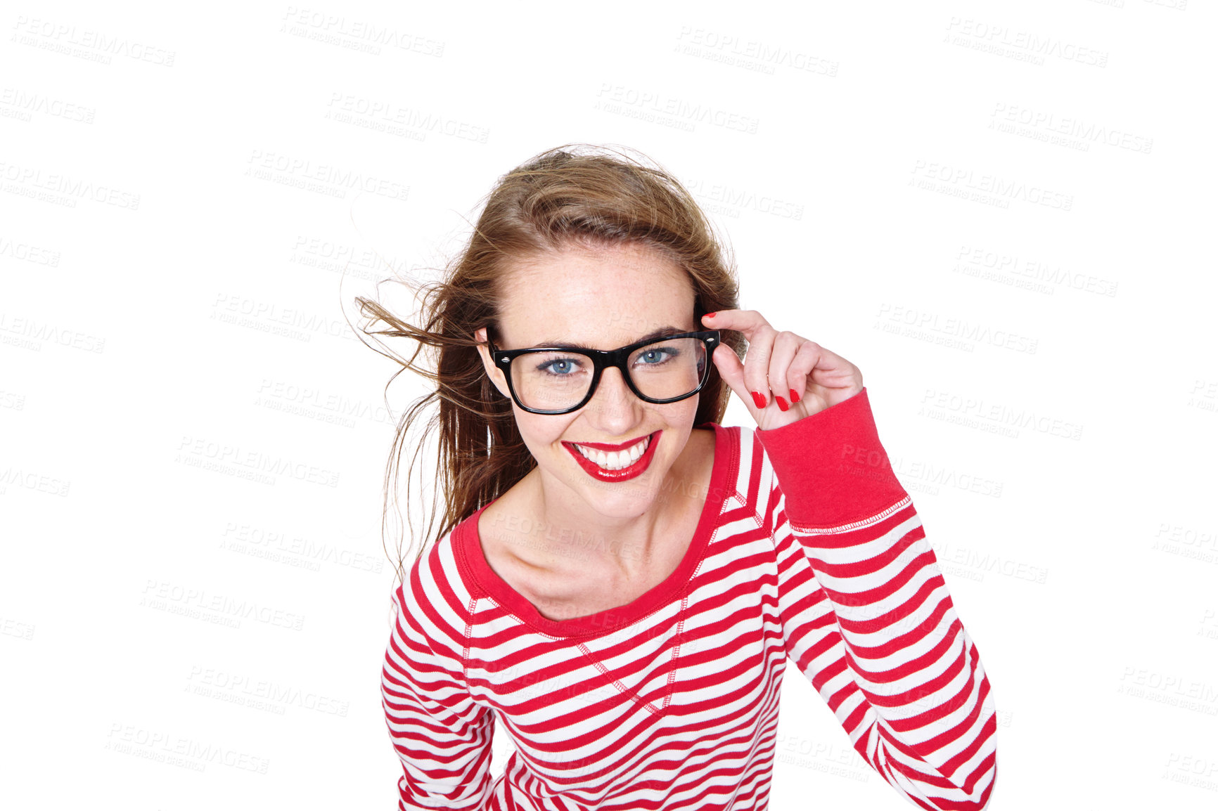 Buy stock photo Studio portrait of an attractive young woman in glasses isolated on white