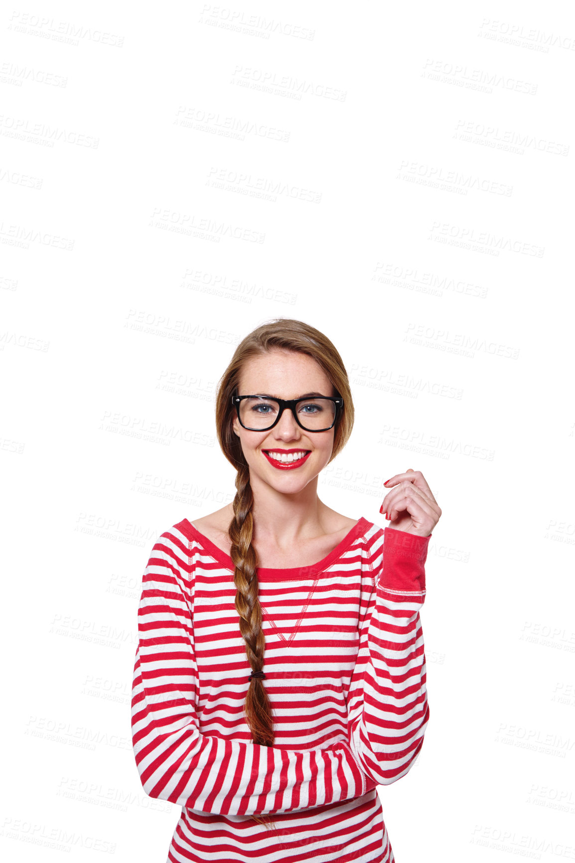 Buy stock photo Studio portrait of an attractive young woman in glasses isolated on white