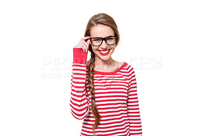 Buy stock photo Studio portrait of an attractive young woman in glasses isolated on white