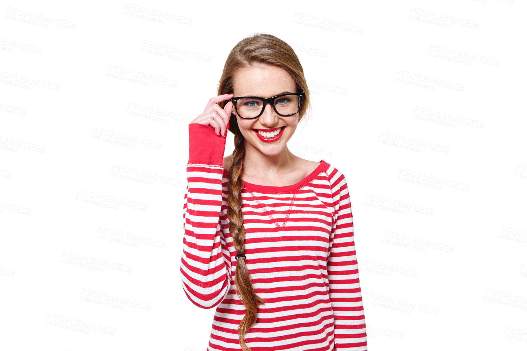 Buy stock photo Studio portrait of an attractive young woman in glasses isolated on white