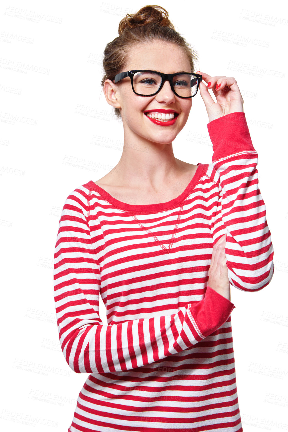 Buy stock photo Studio portrait of an attractive young woman in glasses isolated on white