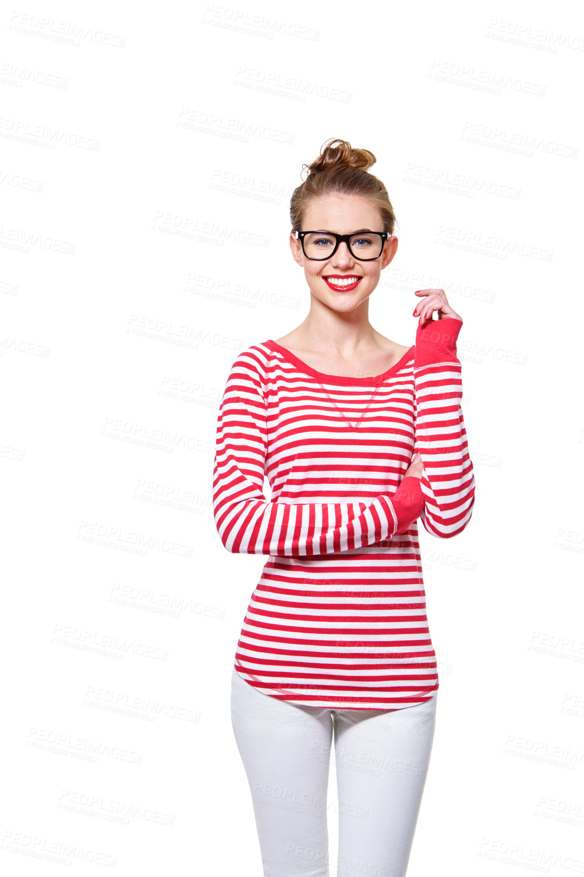 Buy stock photo Portrait, college student and woman in studio with eyeglasses for education, knowledge and mockup space. Happy person, pride and spectacles for curriculum, academy and university on white background.