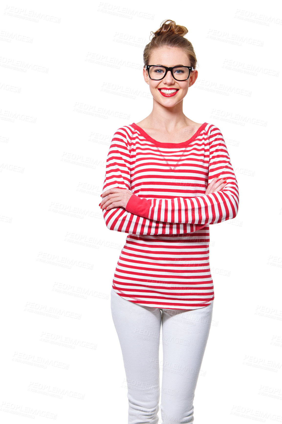 Buy stock photo Studio portrait of an attractive young woman in glasses isolated on white