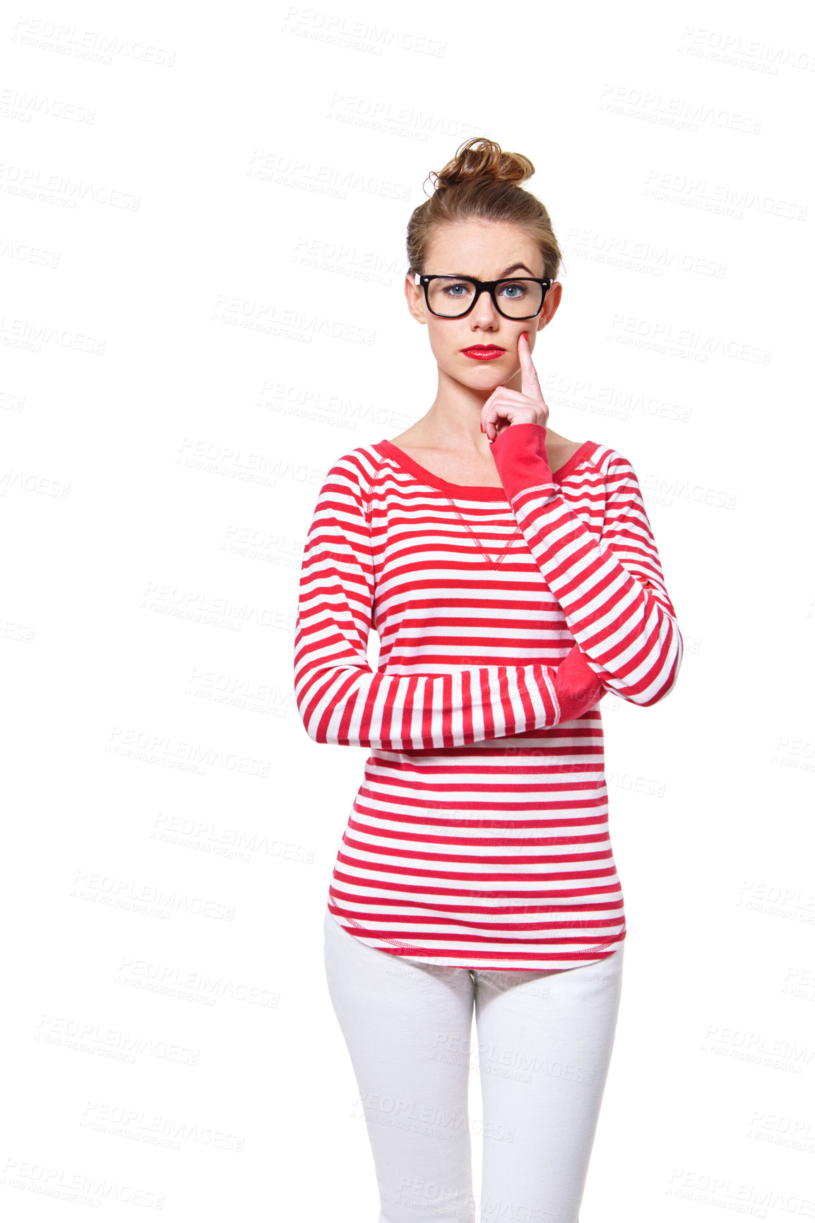 Buy stock photo Studio portrait of an attractive young woman in glasses isolated on white