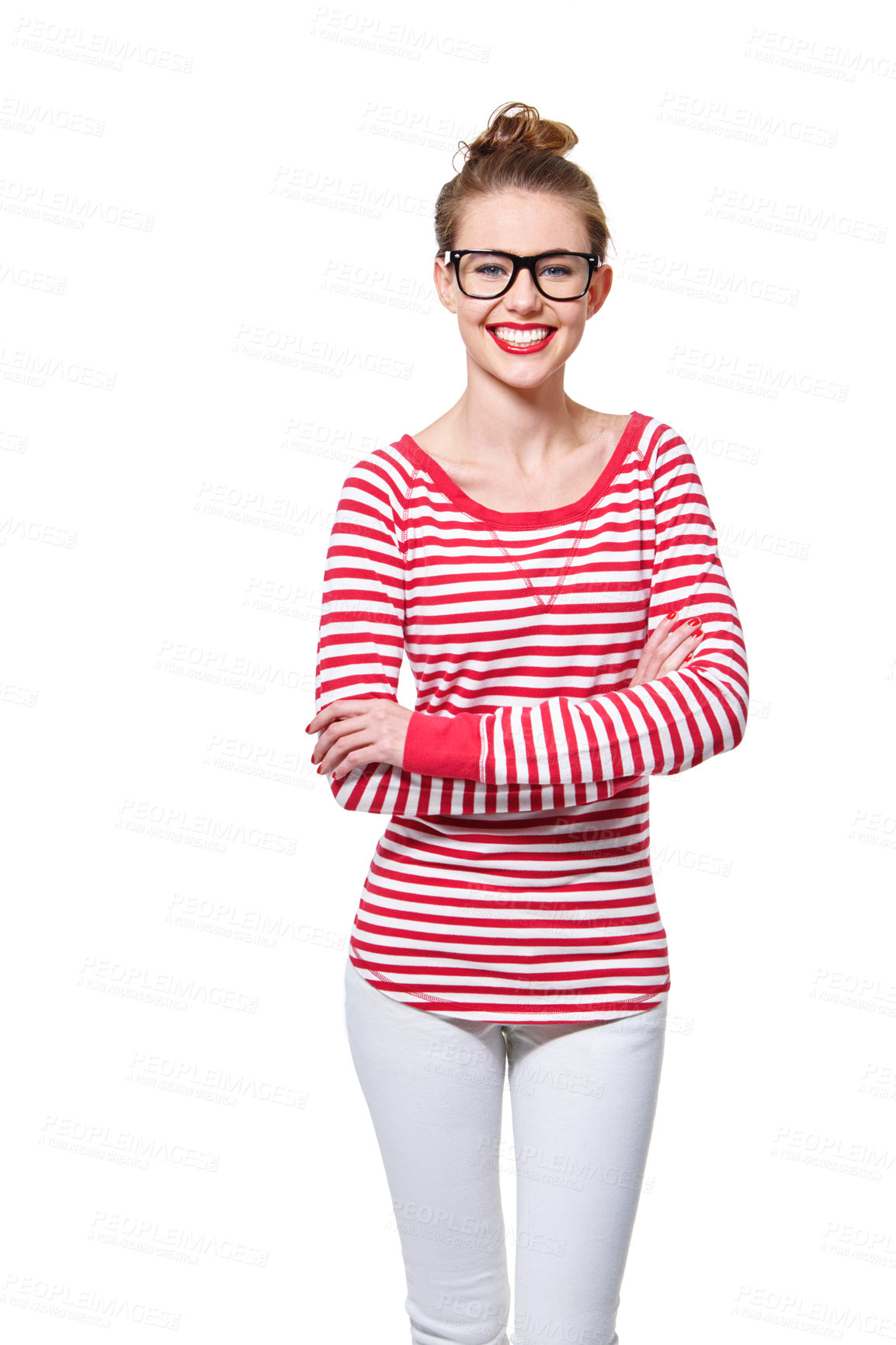 Buy stock photo Studio portrait of an attractive young woman in glasses isolated on white