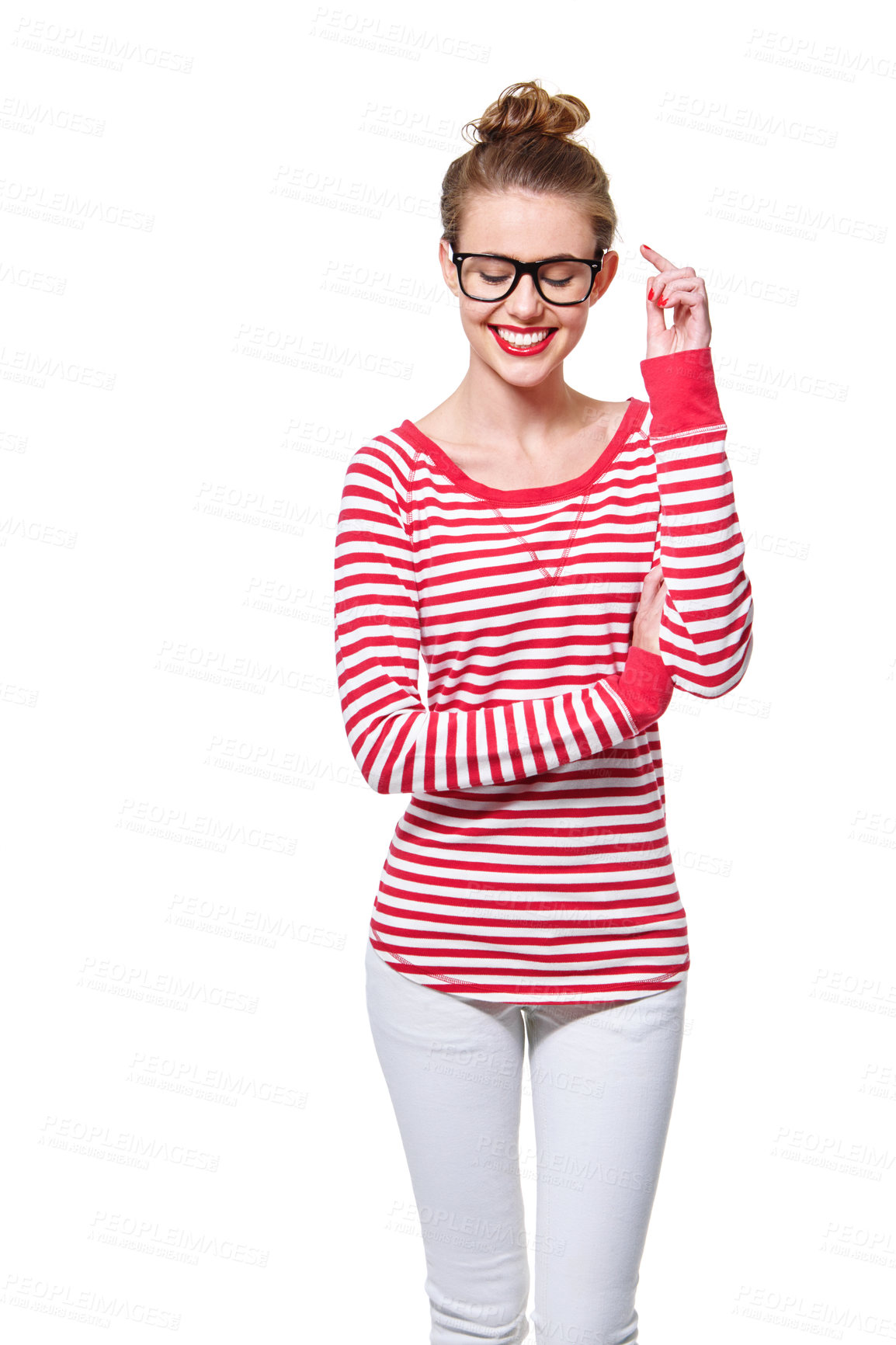 Buy stock photo Studio portrait of an attractive young woman in glasses isolated on white