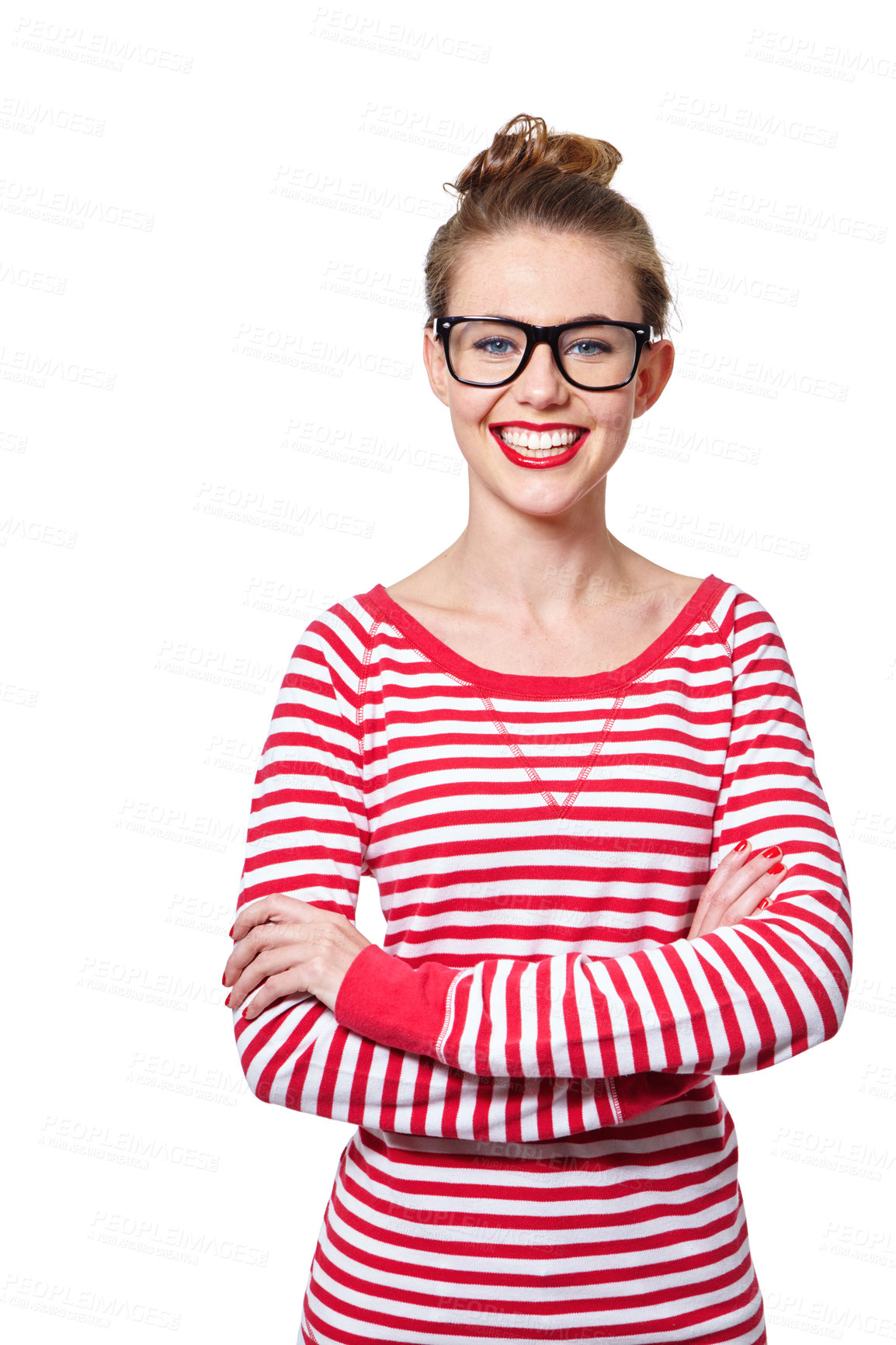 Buy stock photo Studio portrait of an attractive young woman in glasses isolated on white