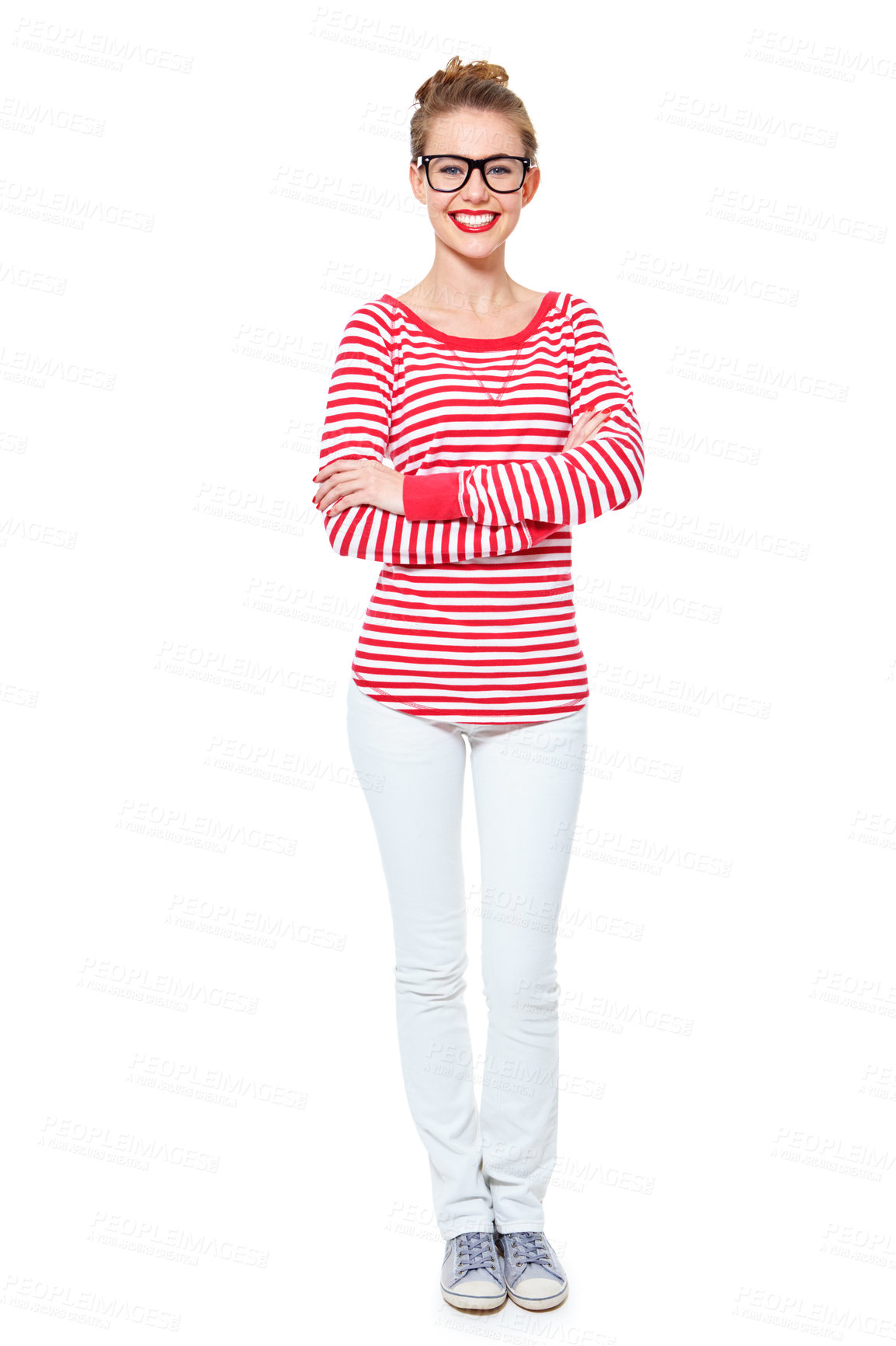 Buy stock photo Studio portrait of an attractive young woman in glasses isolated on white