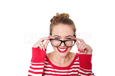 Buy stock photo Studio portrait of an attractive young woman in glasses isolated on white