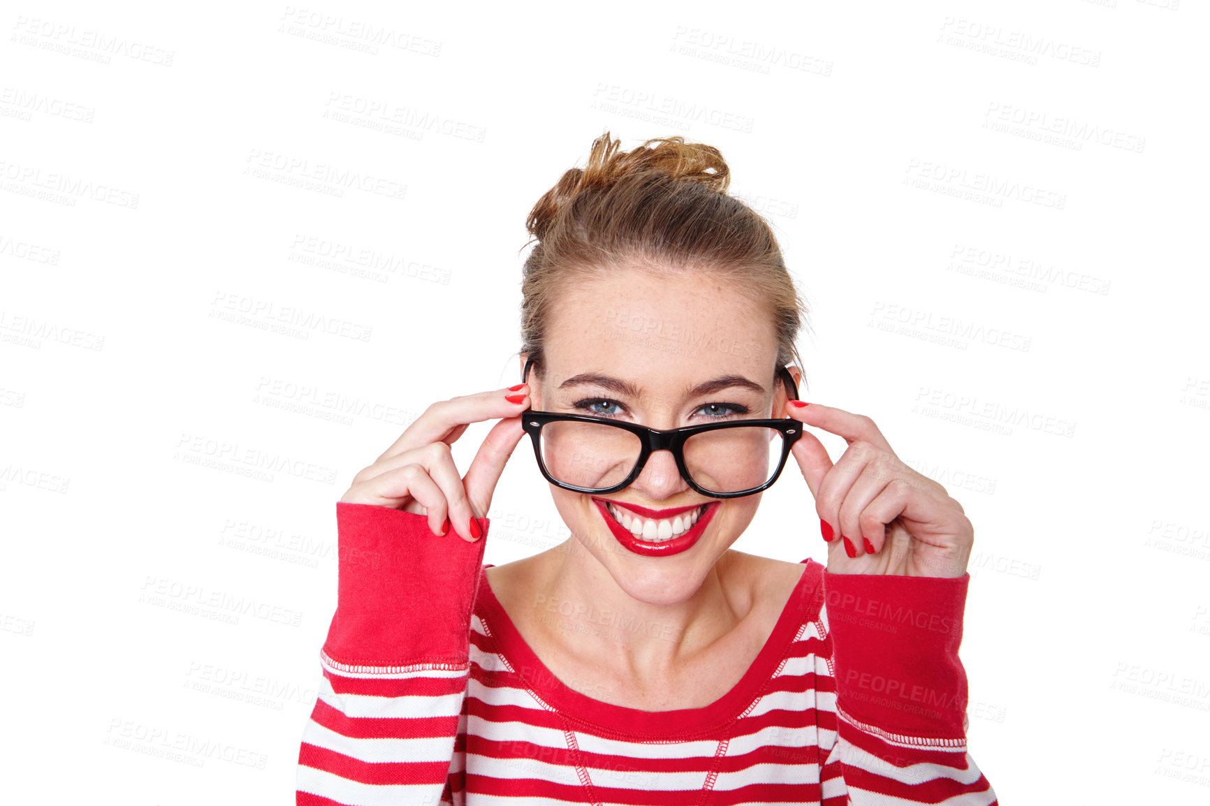 Buy stock photo Studio portrait of an attractive young woman in glasses isolated on white