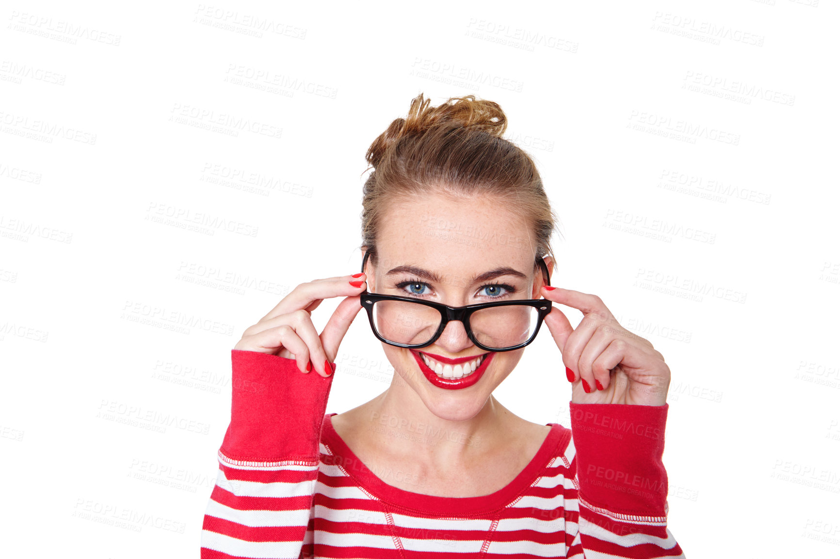 Buy stock photo Studio portrait of an attractive young woman in glasses isolated on white