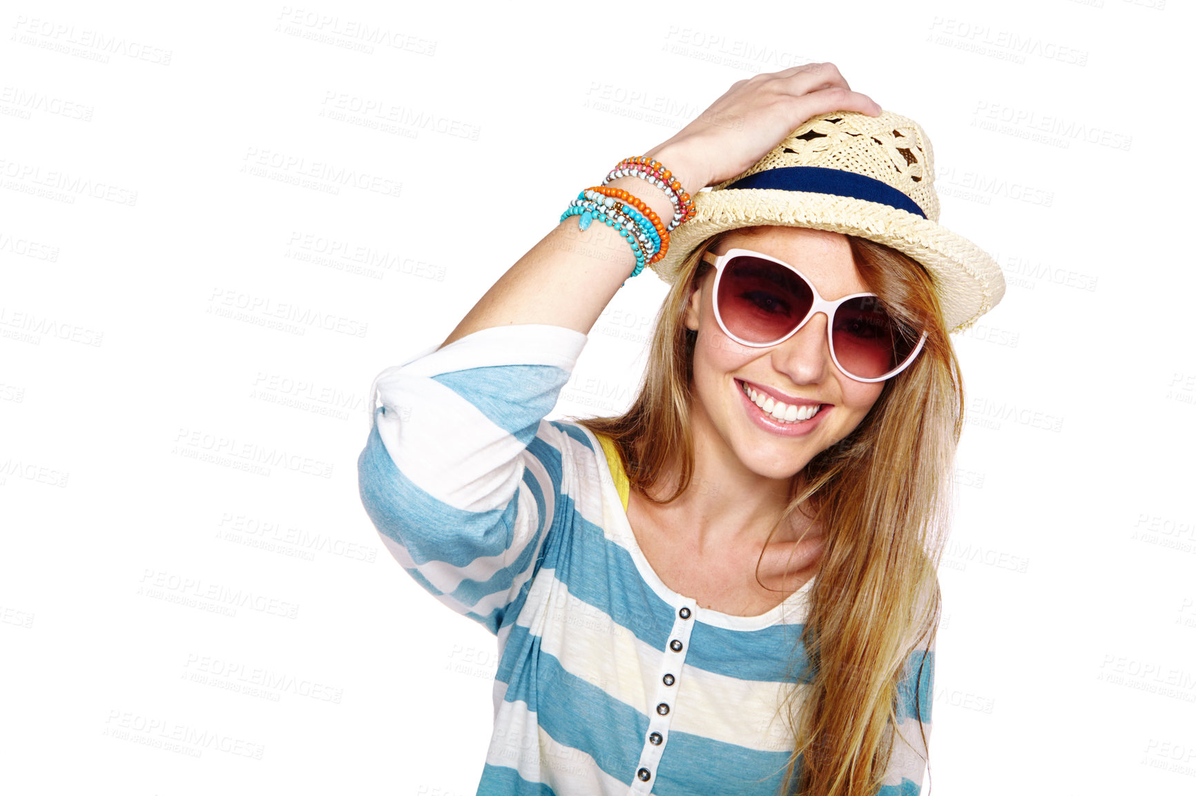 Buy stock photo Studio shot of a young woman dressed for summer isolated on white