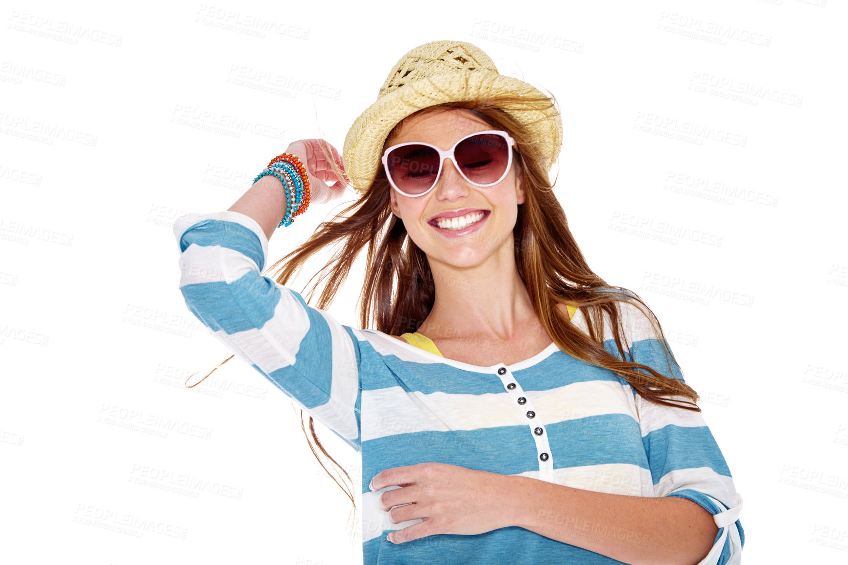 Buy stock photo Studio shot of a young woman dressed for summer isolated on white