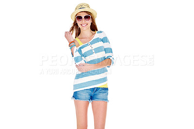 Buy stock photo Studio shot of a young woman dressed for summer isolated on white