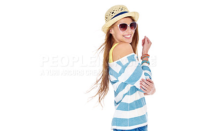 Buy stock photo Studio shot of a young woman dressed for summer isolated on white