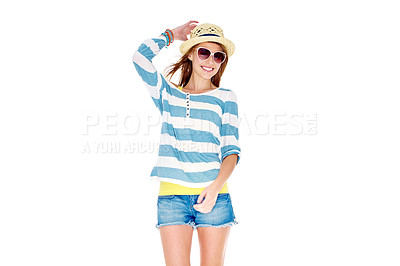 Buy stock photo Studio shot of a young woman dressed for summer isolated on white