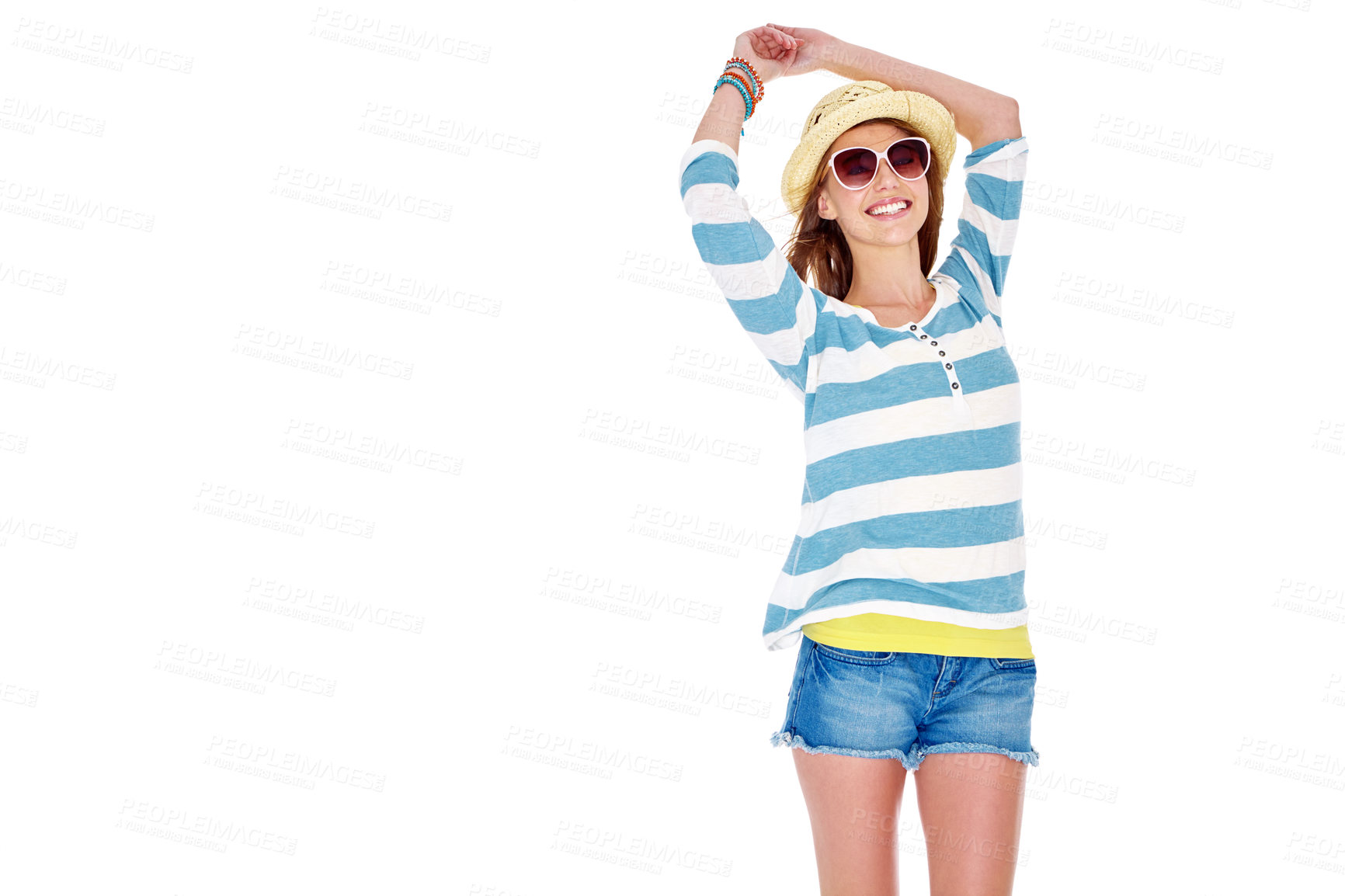 Buy stock photo Studio shot of a young woman dressed for summer isolated on white