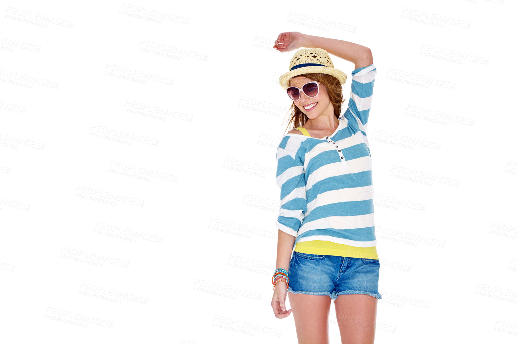 Buy stock photo Smile, style and woman with shades in studio for summer fashion and confidence. Mockup, gen z person or girl with sunglasses for trendy outfit, aesthetic and positive attitude on white background