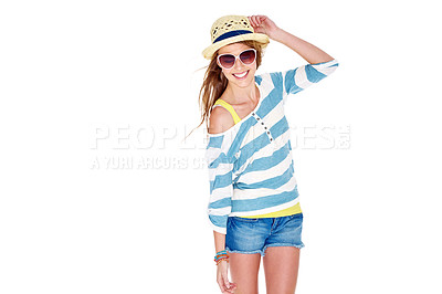 Buy stock photo Studio shot of a young woman dressed for summer isolated on white