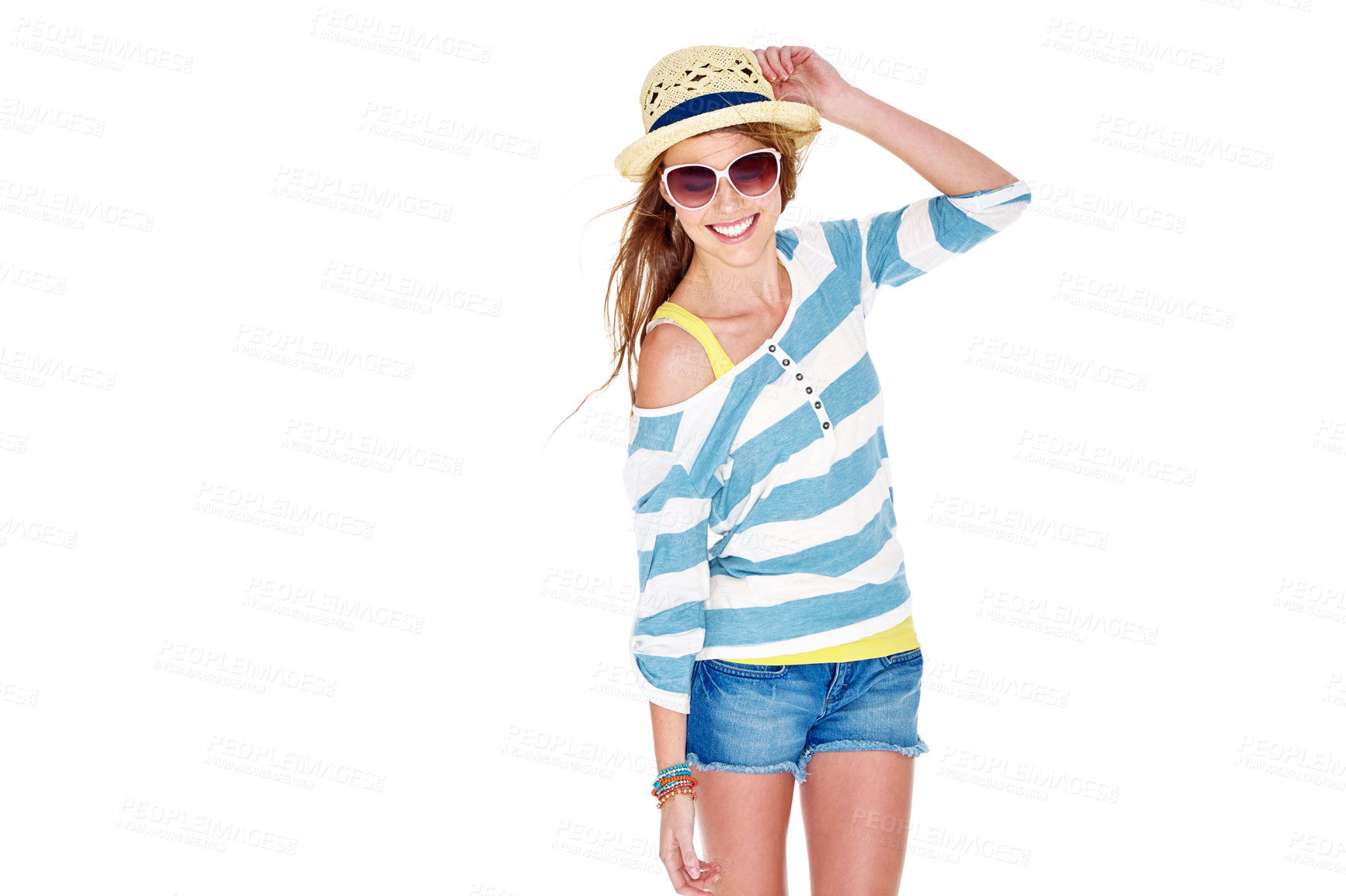 Buy stock photo Studio shot of a young woman dressed for summer isolated on white