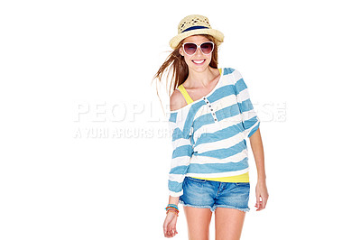 Buy stock photo Studio shot of a young woman dressed for summer isolated on white