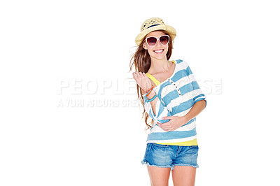 Buy stock photo Studio shot of a young woman dressed for summer isolated on white